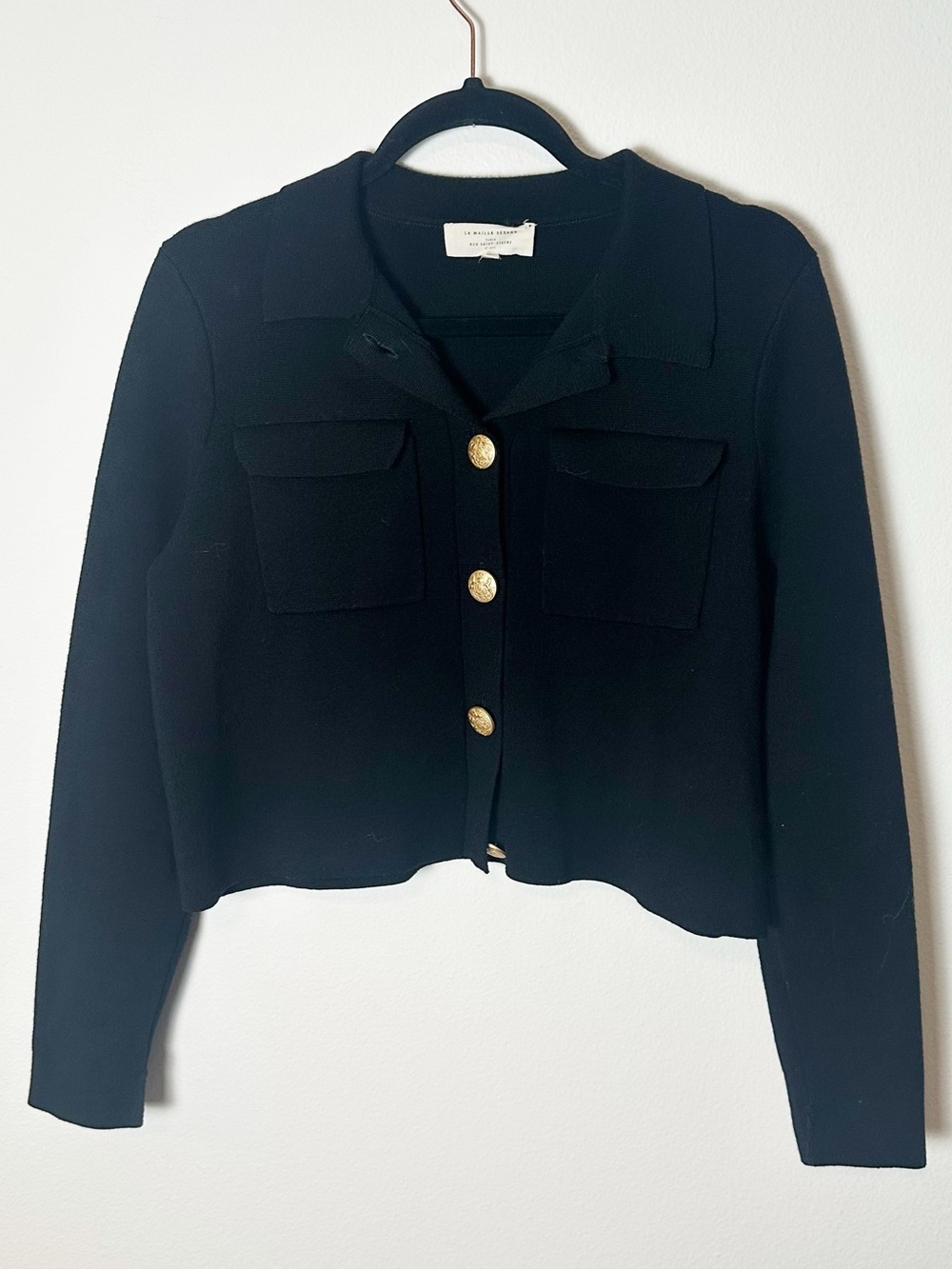 Sezane Betty Cardigan Sweater 100% Wool Black Gold Crest Buttons Medium - Picture 3 of 9